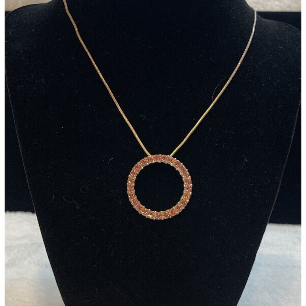 Fashion Jewelry Pink Rhinestone Circle Pendent On 18” Chain